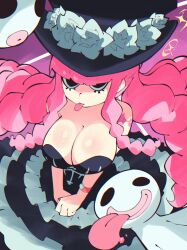 1girl :p absurdres bare_shoulders black_dress black_eyes black_frills black_hat blunt_bangs breasts chrono_08 cleavage dress flower frilled_dress frills ghost hat hat_flower highres horo_horo_no_mi large_breasts looking_at_viewer official_alternate_costume official_alternate_hairstyle one_piece perona pink_hair shoulder_tattoo sleeveless sleeveless_dress smile solo tattoo tongue tongue_out two-tone_dress white_frills