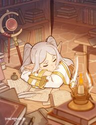 1girl :3 absurdres artist_name blurry blurry_foreground book book_stack closed_eyes crossed_arms dated dukehooverart elf frieren hashtag-only_commentary highres indoors inkwell lantern library long_hair long_sleeves mage_staff paper parted_bangs pointy_ears quill sitting sleeve_cuffs slice_of_life solo sousou_no_frieren staff table thick_eyebrows twintails white_hair