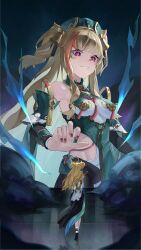 Rule 34 | 1girl, absurdres, bare shoulders, bell, black dress, blonde hair, commentary, detached sleeves, dress, dual persona, giant, giantess, hair bell, hair ornament, highres, honkai (series), honkai impact 3rd, jacket, long hair, multicolored hair, nail polish, official alternate costume, official art, orange hair, purple eyes, red nails, second-party source, smile, songque, songque (jovial deception: shadowdimmer), streaked hair, two side up, user ppwp7555, very long hair, white jacket