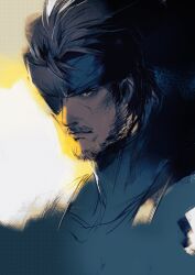 1boy bandana beard blue_eyes brown_hair commentary english_commentary eyepatch facial_hair headband highres kannoaki male_focus medium_hair metal_gear_(series) metal_gear_solid_v:_the_phantom_pain mustache solo upper_body venom_snake