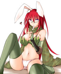 1girl animal_ears black-framed_eyewear blush bra_strap breasts cameltoe camouflage_scarf cleavage commentary_request dango eating elbow_gloves fingerless_gloves food glasses gloves green_gloves green_scarf green_thighhighs green_tube_top heart kaminagi_(kaminagi-tei) large_breasts long_hair looking_at_viewer navel no_pants panties purple_eyes rabbit_ears rabbit_girl ragnarok_online ranger_(ragnarok_online) red_hair scarf simple_background sitting solo strapless thighhighs tube_top underwear very_long_hair wagashi white_background