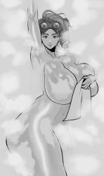 absurdres apex_legends bathing blue_eyes breast_press breasts convenient_censoring eyebrows eyelashes goggles goggles_on_head hardkoba highres horizon_(apex_legends) huge_breasts looking_at_viewer monochrome nude smile steam steam_censor steaming_body thighs towel towel_over_breasts wavy_eyes