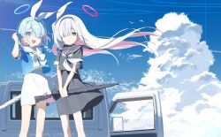2girls anohito401 arona_(blue_archive) black_hairband black_sailor_collar black_serafuku black_shirt black_skirt black_umbrella blue_archive blue_eyes blue_hair blue_halo blue_shirt blue_sky bow braid closed_mouth cloud colored_inner_hair cumulonimbus_cloud grey_eyes hair_over_one_eye hair_ribbon hairband halo holding holding_umbrella long_hair multicolored_hair multiple_girls neckerchief open_mouth pink_hair pink_halo plana_(blue_archive) ribbon sailor_collar school_uniform serafuku shirt short_sleeves single_braid skirt sky two-tone_hair umbrella white_bow white_hair white_hairband white_neckerchief white_ribbon white_sailor_collar white_skirt white_umbrella