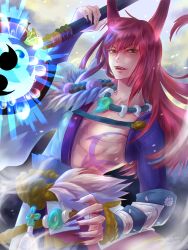 1boy abs black_nails claws fangs highres holding holding_weapon horns japanese_clothes jewelry long_hair long_sleeves looking_at_viewer male_focus midriff muscular nail_polish necklace onmyoji open_mouth red_hair solo user_exvv8824 weapon yasha_(onmyoji) yellow_eyes