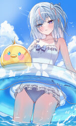 Rule 34 | 1girl, absurdres, bare shoulders, bikini, bird, blue eyes, blue hair, blue pupils, blue sky, blush, breasts, cloud, commission, frilled bikini, frills, highres, innertube, looking at viewer, mango (mango0208), ocean, one-piece swimsuit, original, outdoors, pixiv commission, red pupils, side ponytail, sky, small breasts, solo, swim ring, swimsuit, wading, white one-piece swimsuit