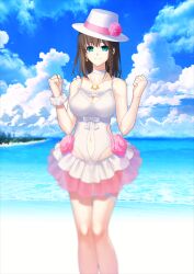 1girl aotsuki_takao aqua_eyes bare_arms bare_legs bare_shoulders beach blue_sky blurry bow braid braided_sidelock breasts brown_hair charlotte_corday_(fate) charlotte_corday_(swimsuit_caster)_(fate) charlotte_corday_(swimsuit_caster)_(second_ascension)_(fate) choker cleavage_cutout clenched_hands closed_mouth clothing_cutout cloud collarbone day fate/grand_order fate_(series) feet_out_of_frame flower frilled_skirt frills game_cg groin hands_up hat hat_flower hat_ribbon horizon jewelry large_breasts legs_together looking_at_viewer medium_hair miniskirt navel navel_cutout ocean official_art one-piece_swimsuit pendant pink_flower pink_ribbon ribbon ring scrunchie side_cutout sidelocks single_braid skirt sky smile solo spaghetti_strap standing swimsuit swimsuit_skirt thigh_gap thigh_strap third-party_source variant_set white_bow white_choker white_hat white_one-piece_swimsuit white_scrunchie wrist_scrunchie