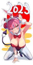 1girl 2023 animal_ear_fluff animal_ears arm_support armpits bare_shoulders black_tail blue_eyes blue_hair blush breasts cleavage closed_mouth colored_inner_hair commentary_request covered_navel demon_tail double_bun fingernails hair_bun hair_intakes high_heels highres kanan-sama_wa_akumade_choroi kanan_(kanan-sama) kneeling large_breasts leotard light_blue_hair looking_at_viewer multicolored_eyes multicolored_hair nail_polish no_horns nonco pantyhose pink_hair pink_nails playboy_bunny pointy_ears pouty_lips rabbit rabbit_ears rabbit_pose red_eyes red_footwear red_leotard solo strapless strapless_leotard streaked_hair sweat tail tiptoes two-tone_hair v-shaped_eyebrows white_background white_headwear white_pantyhose wrist_cuffs