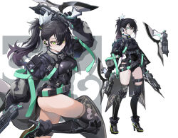 Rule 34 | 1girl, 463 jun, absurdres, aqua eyes, ass, belt, black hair, black thighhighs, breasts, character request, chinese commentary, commentary request, dual wielding, epic seven, green eyes, gun, high heels, highres, holding, holding gun, holding weapon, leotard, looking at viewer, mole, mole under eye, multiple views, ponytail, thighhighs, weapon
