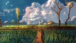 1girl 2boys absurdres arknights artist_name black_hair blonde_hair brown_hair cart cloud commentary day dragon_girl dragon_tail english_commentary farm faux_traditional_media highres holding long_hair looking_ahead looking_at_another multicolored_hair multiple_boys outdoors plant purple_hair reuniq rice_(plant) rice_paddy rural scenery short_hair shu_(arknights) sitting standing tail tree walking wan_qing_(arknights) watermark white_hair wide_shot wind zuo_le_(arknights)