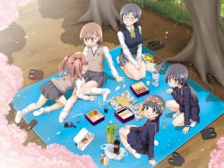 5girls :d :q aru_ra_une black_hair brown_eyes brown_hair cherry_blossoms closed_eyes feet flower food glasses hair_flower hair_ornament hanami highres konori_mii kotoyoro long_hair misaka_mikoto multiple_girls new_year open_mouth petals saten_ruiko school_uniform serafuku shirai_kuroko short_hair sitting smile thighhighs toaru_kagaku_no_railgun toaru_majutsu_no_index tongue tongue_out twintails uiharu_kazari