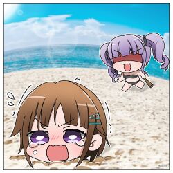 2girls bang_dream! beach bikini black_bikini blue_sky brown_hair chibi hair_ornament hairclip highres holding izami_md multiple_girls ocean purple_eyes purple_hair sand short_hair sky swimsuit tears toyama_asuka twintails udagawa_ako