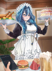 1girl 1other alcohol apron beer beer_mug black_dress blue_eyes blue_hair braid burger cake candle cellphone chicken_(food) cup dress food french_fries gokoushi hair_intakes hat highres holding holding_phone holding_tray hololive hololive_english indoors long_hair low_twin_braids maid maid_apron mob_cap mug official_alternate_costume official_alternate_hairstyle ouro_kronii ouro_kronii_(maid) phone plant pocket_watch smartphone table tray twin_braids virtual_youtuber watch white_apron