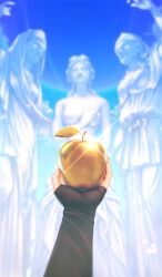1boy aphrodite_(mythology) apple black_gloves blue_background blue_sky blurry blurry_background commentary demeter_(mythology) depth_of_field diffraction_spikes fate/grand_order fate_(series) fingerless_gloves food fruit glint gloves golden_apple greek_mythology hand_focus hera_(mythology) holding holding_food holding_fruit official_art paris_(fate) sky solo statue third-party_source