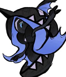 1girl alternate_color black_skin blue_eyes blue_hair colored_skin elizabeth_(tomas21) eyelashes full_body gen_7_pokemon legendary_pokemon long_hair looking_at_viewer nintendo pokemon pokemon_(creature) shiny_pokemon simple_background solo standing tapu_fini white_background