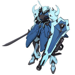 Rule 34 | cable, gouf custom, gundam, gundam 08th ms team, highres, holding, holding sword, holding weapon, horns, mecha, mobile suit, nagano mamoru (style), no humans, one-eyed, parody, pink eyes, robot, science fiction, shield, single horn, solo, standing, style parody, sword, takekawa shin, weapon, white background, zeon