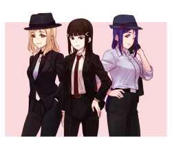 Rule 34 | 3girls, black hair, blonde hair, blue hair, formal clothes, hat, kurosawa dia, long hair, love live!, love live! school idol festival, love live! sunshine!!, matsuura kanan, multiple girls, necktie, ohara mari, suit, tagme