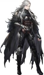1girl absurdres agatha_(sword_of_convallaria) armor black_boots black_cloak black_pants boots cloak corset ear_piercing fingerless_gloves fur-trimmed_cloak fur_trim gloves green_eyes highres long_hair messy_hair non-web_source official_art pants pauldrons piercing shoulder_armor single_pauldron solo sword_of_convallaria torn_cloak torn_clothes white_hair