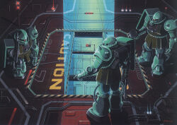 1970s_(style) 1980s_(style) concept_art english_text gun gundam hatch key_visual light machine_gun machinery mecha mobile_suit mobile_suit_gundam no_humans official_art oldschool ookawara_kunio open_hatch painting_(medium) production_art promotional_art retro_artstyle robot scan science_fiction shield shoulder_spikes spikes traditional_media weapon zaku_ii