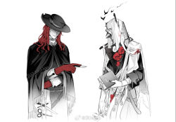 Rule 34 | 2boys, aleph (reverse:1999), black cape, black hat, black shirt, cape, charon (reverse:1999), coat, covered face, cracked mask, dog tags, flower, gloves, grey coat, hat, holding, holding dog tags, holding notebook, holding scalpel, hui mieo, merlin (reverse:1999), multiple boys, notebook, poppy (flower), red flower, red gloves, red hair, reverse:1999, scissors, shirt, thorns, tool kit, upper body, veil, watermark, weibo watermark, white background, white flower, white gloves, white mask, white veil