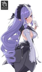 Rule 34 | 1girl, ahoge, backless dress, backless outfit, black hairband, black nails, blush, breasts, commentary request, cowboy shot, dress, drill hair, gem, hairband, heart, highres, holding, holding letter, letter, long hair, long sleeves, looking at viewer, love letter, mole, mole under eye, naa onn, partial commentary, pointy ears, purple gemstone, purple hair, red eyes, ringlets, sideboob, sidelocks, simple background, solo, twitter username, vivian banshee, white background, zenless zone zero