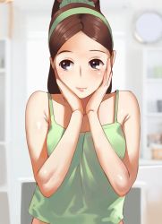 Rule 34 | 1girl, bare shoulders, black eyes, black hair, blush, breasts, brown hair, female focus, hairband, hands on own face, long hair, min-gook&#039;s mother, ponytail, rumo, smile, solo, tank top