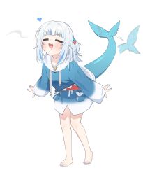 Rule 34 | 1girl, absurdres, animal costume, barefoot, blue hoodie, blue streaks, blunt bangs, closed eyes, drooling, fang, fins, fish tail, gawr gura, gawr gura (1st costume), hair ornament, heart, highres, hololive, hololive english, hood, hoodie, leaning forward, long hair, mouth drool, multicolored hair, open mouth, shark costume, shark girl, shark hair ornament, shark print, shark tail, sidelocks, smell, smelling, solo, streaked hair, tail, tail wagging, two side up, ugaaaa1, virtual youtuber, white background, white hair