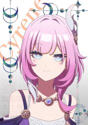 Rule 34 | 1girl, absurdres, bare shoulders, blue eyes, character name, coat, commentary request, crescent print, cyrene (honkai: star rail), dress, hair ornament, highres, honkai: star rail, honkai (series), jewelry, medium hair, multicolored hair, necklace, pink hair, pink pupils, purple coat, smile, solo, taeazi 0912, two-tone hair, upper body, white dress, white hair