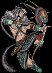 Rule 34 | 1boy, abs, animal hood, animal print, balthus (gate of nightmares), boots, bow (weapon), chest tattoo, cloak, full body, fur-trimmed boots, fur cloak, fur trim, gate of nightmares, green boots, highres, hood, hooded cloak, leopard print, mashima hiro, muscular, muscular male, official art, simple background, solo, tattoo, transparent background, weapon