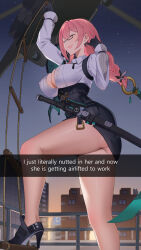 1girl absurdres aircraft ass bare_legs black_footwear black_gloves black_skirt breasts center_opening chamaru5963 city cleavage climbing_ladder closed_eyes covered_erect_nipples earrings english_text gloves helicopter high-waist_skirt high_heels highres hourglass_earrings jewelry large_breasts long_hair open_mouth pencil_skirt pink_hair rope_ladder shirt skirt solo sunset thighs tsukishiro_yanagi white_shirt zenless_zone_zero