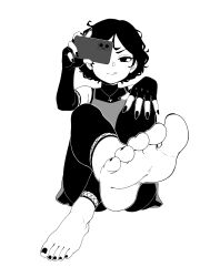 1girl :q absurdres barefoot bingbingzi cellphone elbow_gloves feet fingerless_gloves gloves hand_on_own_knee highres looking_at_viewer medium_hair monochrome phone smartphone soles toes tongue tongue_out