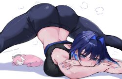 1girl absurdres alternate_costume black_pants black_sports_bra blue_eyes blue_hair blue_nails blush crossed_arms hair_between_eyes highres hololive jack-o&#039;_challenge long_hair looking_at_viewer meeko_illus ouro_kronii pants sidelocks solo sports_bra sweat top-down_bottom-up