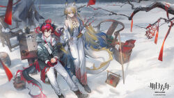 1boy 1girl arknights board_game breasts chair chongyue_(arknights) copyright_name crossed_bangs cup dragon_bubble_(arknights) dragon_girl dragon_horns dragon_tail dusk_(arknights) go_(board_game) grey_eyes grey_jacket hair_between_eyes hair_ornament hair_stick highres holding holding_cup holding_stick horns jacket kang_yiqian_(self_cultivation) ling_(arknights) long_hair long_sleeves looking_at_viewer mittens nian_(arknights) official_art open_clothes open_jacket pants pointy_ears red_hair red_mittens shirt shu_(arknights) sidelocks sleeveless sleeveless_shirt small_breasts stick tail very_long_hair white_jacket white_pants white_shirt yu_(arknights)