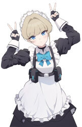 1girl absurdres apron arms_up black_gloves blonde_hair blue_archive blue_bow blue_bowtie blue_eyes blush bow bowtie closed_mouth double_v fingerless_gloves gloves highres long_sleeves looking_at_viewer maid maid_apron maid_headdress mfy_a simple_background solo toki_(blue_archive) v white_background