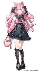 1girl ;3 alternate_costume animal_ear_fluff animal_ears bag bandaid bandaid_hair_ornament black_bow black_collar black_shoes black_skirt black_socks blue_hair blunt_bangs bow cat_ears cat_girl closed_mouth clothing_cutout collar commentary_request copyright_notice cross-laced_clothes cross-laced_skirt fish_hair_ornament frilled_shirt frilled_socks frills full_body hair_bow hair_ornament hairclip half-heart_hands hand_up handbag high-waist_skirt highres holding holding_bag indie_virtual_youtuber jirai_kei kneehighs lace lace-trimmed_shirt_collar lace-trimmed_skirt lace_socks lace_trim long_hair long_sleeves looking_at_viewer miniskirt multicolored_hair nekoyashiki_pushio official_art one_eye_closed pink_hair platform_shoes purple_eyes sample_watermark shirt shirt_tucked_in shoes shoulder_cutout simple_background skirt socks solo streaked_hair two_side_up virtual_youtuber watermark white_background wing_hair_ornament yuuki_sakuna