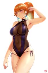 1girl arm_up armpits breasts earrings feather_earrings feathers finalcake gradient_hair high_ponytail highres hololive hololive_english jewelry large_breasts long_hair multicolored_hair official_alternate_costume official_alternate_hairstyle one-piece_swimsuit parted_lips perfume_(takanashi_kiara) ponytail solo swimsuit takanashi_kiara_(perfume) virtual_youtuber