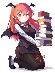 Rule 34 | 1girl, :/, ar (maeus), bad anatomy, bad hands, bat wings, black pantyhose, blush, book, book stack, breasts, bright pupils, closed mouth, commentary request, expressionless, full body, gold trim, hair between eyes, head wings, highres, holding, holding book, kneeling, koakuma, leg ribbon, long hair, long sleeves, looking at viewer, medium breasts, necktie, outstretched arms, pantyhose, pointy ears, red eyes, red hair, red necktie, red ribbon, ribbon, shadow, simple background, solo, touhou, tsurime, white background, white pupils, wing collar, wings