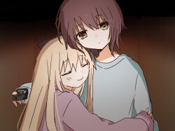 2girls blonde_hair blue_sweater blunt_bangs blush bow brown_background brown_bow brown_eyes brown_hair closed_eyes closed_mouth controller funami_yui hair_between_eyes hair_bow hair_ornament head_on_another&#039;s_shoulder hug indoors long_hair long_sleeves migimiya_yoru multiple_girls red_sweater remote_control short_hair simple_background sketch smile sweater toshinou_kyouko upper_body yuri yuru_yuri