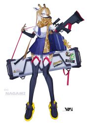 1girl azu_(yu_de_ta_ya_tu) bag black_mask black_thighhighs blonde_hair blue_skirt bridal_gauntlets commentary full_body furry furry_female giraffe_girl green_eyes gun highres holding holding_bag horns long_hair looking_at_viewer mask mouth_mask original pleated_skirt ponytail puffy_short_sleeves puffy_sleeves scarf shirt short_sleeves simple_background skirt solo surgical_mask thighhighs very_long_hair weapon white_background white_shirt yellow_scarf