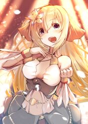 1girl bare_shoulders blue_eyes bracelet breasts brown_hair center_opening ciel_nosurge cleavage demimushi flower hair_flower hair_ornament highres ionasal_kkll_preciel jewelry long_hair navel open_mouth revealing_clothes skirt solo surge_concerto upper_body very_long_hair white_flower