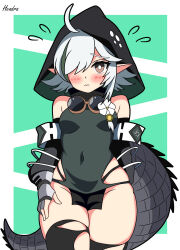 1girl absurdres ahoge arknights artist_name black_thighhighs blush breasts closed_mouth commentary_request covered_navel crocodile_girl crocodilian_tail flying_sweatdrops goggles goggles_around_neck green_background hair_over_one_eye hendra highres hood hood_up leotard medium_breasts partial_commentary pointy_ears short_hair signature simple_background solo tail thick_thighs thighhighs thighs tomimi_(arknights) torn_clothes torn_thighhighs white_hair