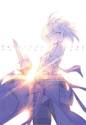 Rule 34 | 1girl, artist name, black pantyhose, character name, choco (chocolate shop), commentary request, copyright name, cowboy shot, fate/grand order, fate (series), floating hair, gauntlets, hair over one eye, lens flare, mash kyrielight, mash kyrielight (paladin), pantyhose, short hair, signature, simple background, solo, spoilers, trinity metatronius (fate/grand order), twitter username, white background