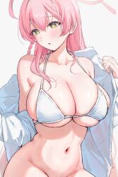 1girl alternate_costume bare_shoulders bikini blue_archive blush bottomless braid breasts cleavage commentary_request green_eyes groin hair_between_eyes halo halterneck hanako_(blue_archive) highres large_breasts long_hair off_shoulder open_mouth opened_by_self pink_hair pink_halo shirt simple_background single_braid skindentation solo swimsuit white_background white_bikini white_shirt yomizu_(rdad3278)