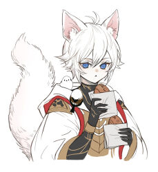 1boy animal animal_ear_fluff animal_ears animal_on_shoulder bird bird_on_shoulder black_gloves black_shirt blue_eyes cat_boy cat_ears cat_tail chinese_commentary commentary_request cropped_torso double-parted_bangs eyelashes food food_wrapper gloves granblue_fantasy hair_between_eyes highres holding holding_food kemonomimi_mode long_sleeves looking_at_animal lucilius_(granblue_fantasy) male_focus parted_lips robe shirt short_hair simple_background solo tail taiyaki udgg093577 upper_body wagashi white_background white_hair white_robe wide_sleeves