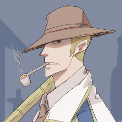 1boy blonde_hair bogard_(one_piece) brown_hat brown_necktie from_side hat hat_over_one_eye lowres necktie one_eye_covered one_piece pipe_in_mouth rrezalyf short_hair smoking smoking_pipe solo uniform