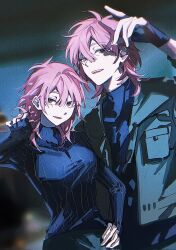 1boy 1girl 2_blankk aged_up alien_stage black_eyes black_gloves black_shirt breasts commentary english_commentary fingerless_gloves gloves green_vest hand_on_own_hip hand_up highres long_sleeves medium_hair open_mouth pink_hair red_pupils ribbed_shirt shirt smile turtleneck turtleneck_shirt vest