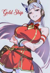 Rule 34 | 1girl, absurdres, animal ears, armband, arms under breasts, belt pouch, blunt bangs, blunt ends, blurry, blurry background, bow, bowtie, brown hat, character name, commentary request, cowboy shot, crossed arms, cursive, dress, ear bow, gold ship (umamusume), grey background, grey hair, grin, hat, headgear, highres, horse ears, horse girl, kisaragi shokuin, long hair, looking at viewer, pantyhose, pillbox hat, pouch, purple bow, purple eyes, red armband, red bow, red bowtie, red dress, sleeveless, sleeveless dress, smile, solo, thigh strap, umamusume, white pantyhose