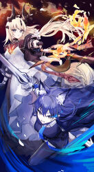 2girls absurdres aizuki_sui animal_ear_fluff animal_ears arknights black_pantyhose black_vest blonde_hair blue_gloves blue_shorts breasts clenched_teeth commentary_request commission dress fire gloves grey_eyes hair_between_eyes highres holding holding_sword holding_weapon horns light_in_heart long_hair long_sleeves looking_at_viewer medium_breasts multiple_girls pantyhose pantyhose_under_shorts parted_lips partial_commentary purple_eyes purple_hair reed_(arknights) reed_the_flame_shadow_(arknights) shirt short_shorts shorts skeb_commission small_breasts sword teeth texas_(arknights) texas_the_omertosa_(arknights) very_long_hair vest weapon white_dress white_shirt