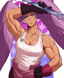 1girl absurdres breasts cleavage dark-skinned_female dark_skin entrapta gloves hand_on_own_hip highres long_hair medium_breasts muscular muscular_female purple_eyes purple_hair she-ra_and_the_princesses_of_power sotcho sweat tank_top twintails upper_body very_long_hair wrench