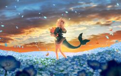 1girl absurdres animal_costume animal_hood blue_flower blue_hair blue_hoodie blurry blurry_foreground bouquet closed_mouth commentary day ebi-chan_(gawr_gura) english_commentary field fins fish_tail flower flower_field gawr_gura gawr_gura_(1st_costume) grey_hair highres holding holding_bouquet hololive hololive_english hood hoodie long_sleeves looking_up medium_hair miku_(mikururun) multicolored_hair no_pants outdoors petals shark_costume shark_girl shark_hood shark_tail solo streaked_hair tail tail_under_clothes two_side_up virtual_youtuber