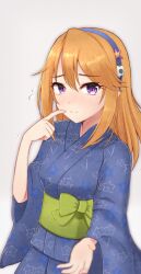 1girl blush daysss flying_sweatdrops hairband highres idolmaster idolmaster_cinderella_girls index_finger_raised japanese_clothes kimono long_hair long_sleeves looking_at_viewer nose_blush obi orange_hair purple_eyes sash smile solo star_(symbol) star_print yukata yuuki_haru